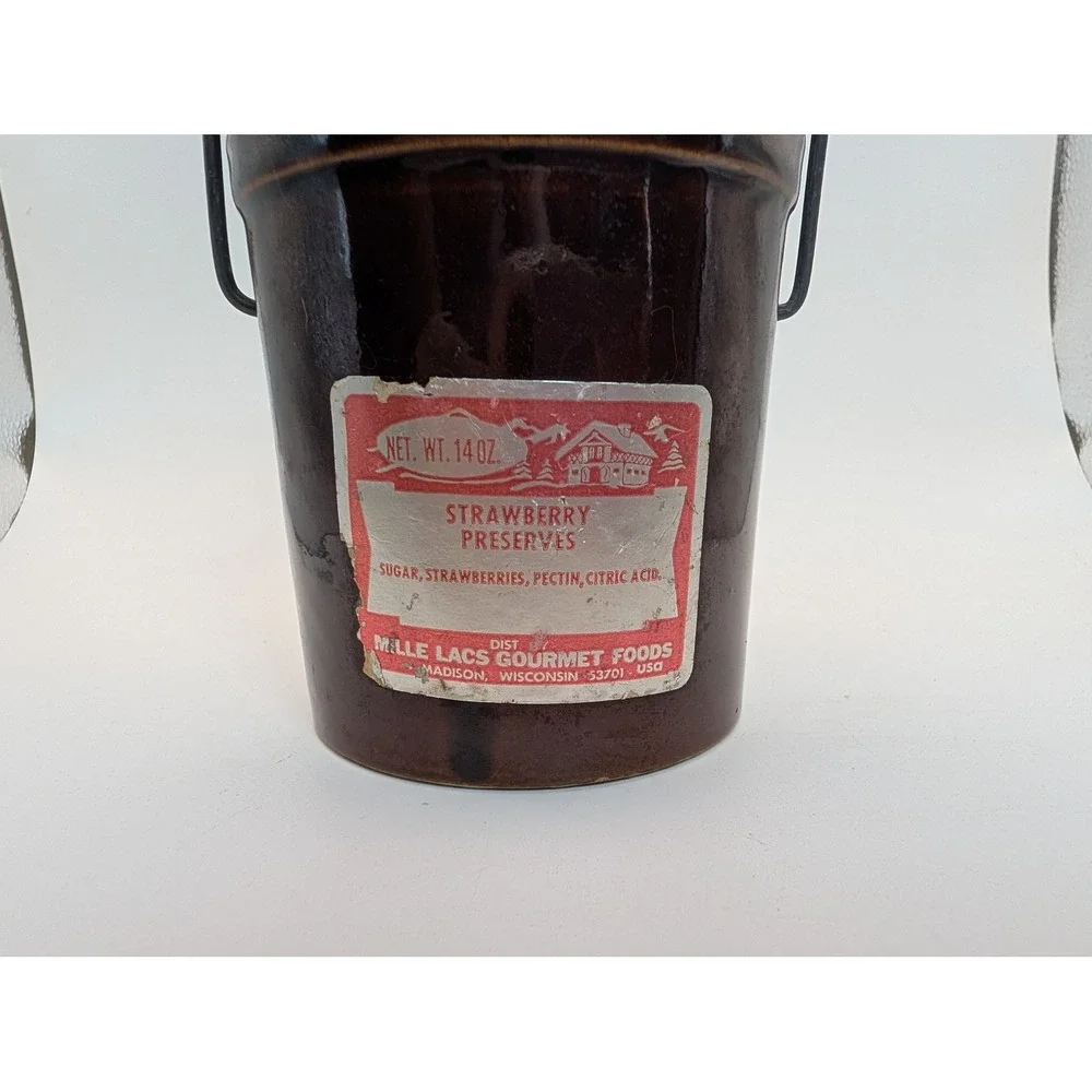 Vintage Mille Lacs Gourmet Foods Brown Stoneware Crock Jar Wire Bail 14oz